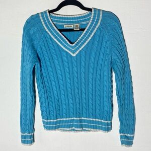 Vintage St Johns Bay Blue White Cotton Fitted Cable Knit V Neck Sweater S